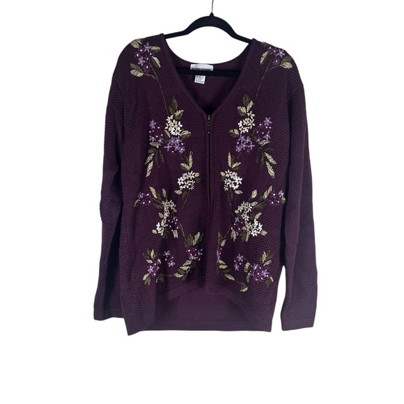 Alfred Dunner Vintage Wool Blend Purple Floral Embriodered Zipup Cardigan Size L - Picture 1 of 6